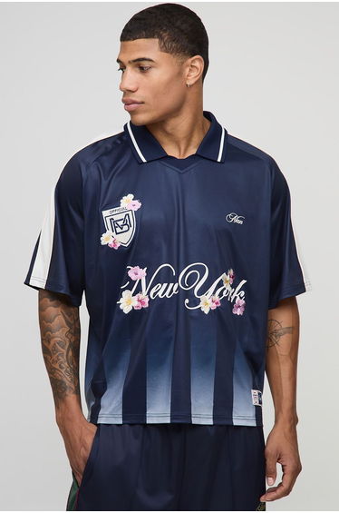 Oversized Boxy New York Floral Stripe Embroidered Sports Top