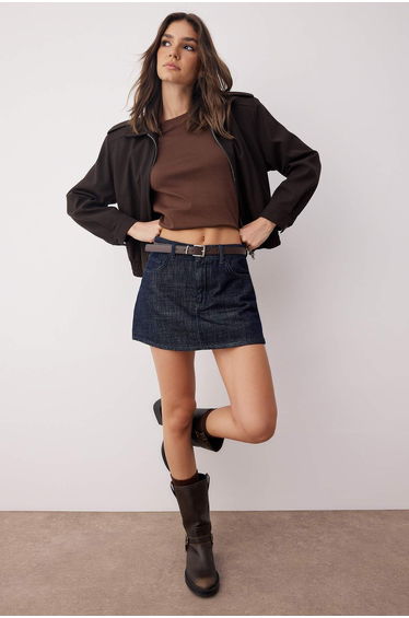 Dark Blue Belt Detailed Back Skirt Look Denim Shorts Skirt