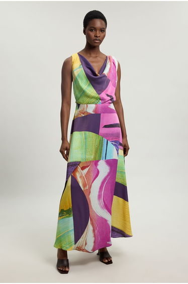 Petite Pink Abstract Twist Shoulder Satin Viscose Midi Dress