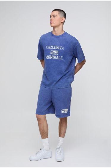 Oversized Loopback Washed Italia Printed Short Set - navy