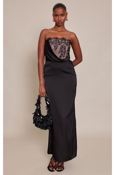 Black Satin Lace Detail Maxi Dress