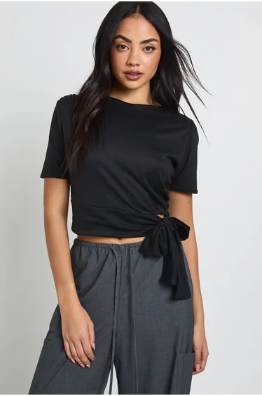 Supersoft Cut Out Tie Drape Short Sleeve Top - black