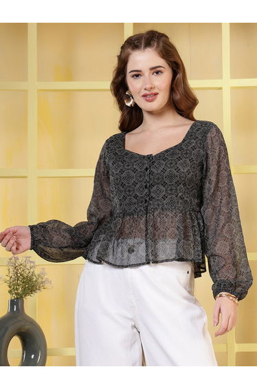 Women Black Chiffon Long Sleeve Peplum Top