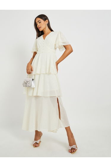 Self Design Flared Sleeves Tiered Maxi Dress