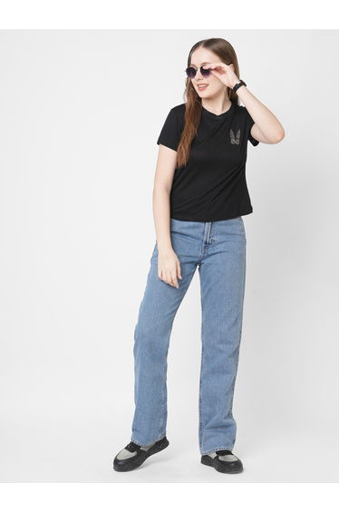 Women Black Embellished Bunny Detail Short Sleeve T-Shirt