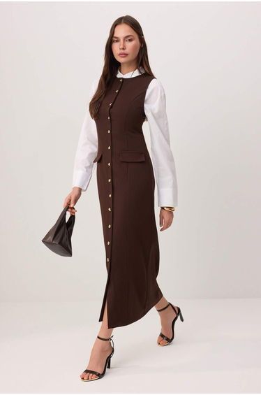 Brown Unlined Plain Woven Dress&Jumpsuit Finike Hijab Dress