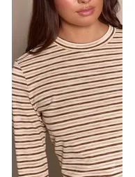 Light Brown  Soft Rib Striped Detail  Fitted Long Sleeve Top - 3