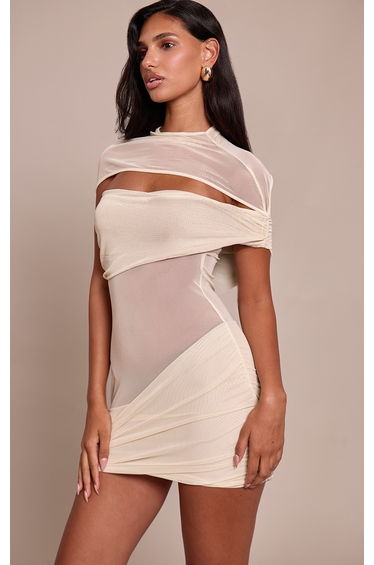 Almond Double Layer Mesh Twist Detail Bodycon Dress