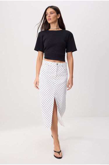 White Polka Dot Patterned Slit Midi Denim Skirt