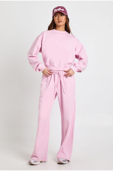 Washed Ribbed Detail Straight Leg Tracksuit - light pink
