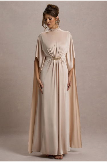Olessia | Champagne Belted Gathered Cape-Sleeve Maxi Dress