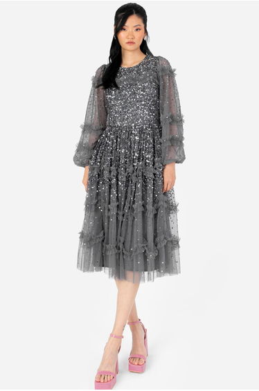 Maya Charcoal Fully Embellished Long Sleeve Midi Dress with Frill Detail