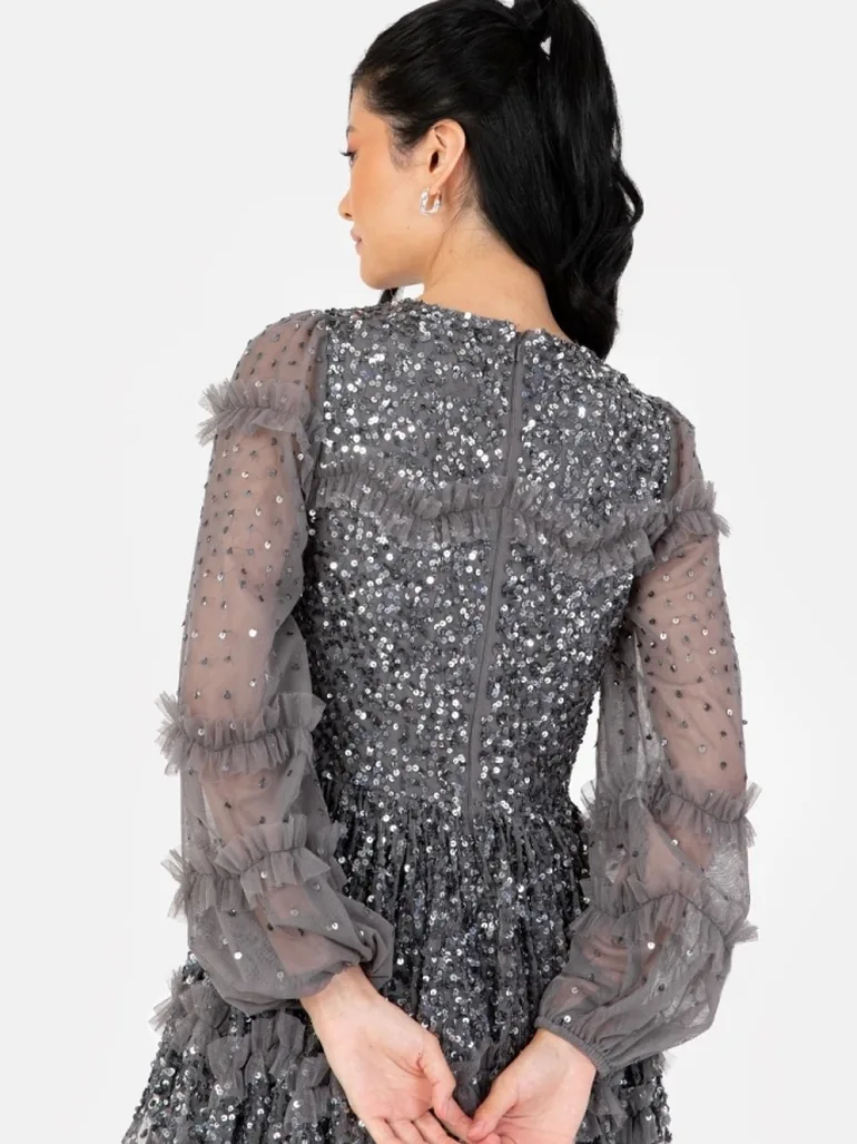 maya charcoal sequin dress Maya Deluxe Maya Charcoal Maxi Sleeve Embellished Maxi Dress with Frill  Detail