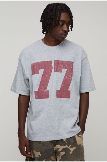 Oversized Varsity Printed Waffle T-Shirt - grey