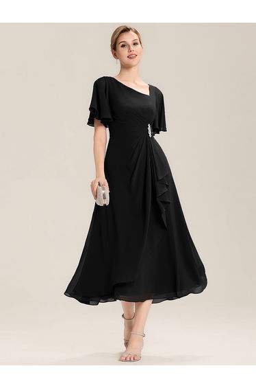 ever LILOU| Pleated Chiffon Ruffle Sleeve Wedding Guest Dress