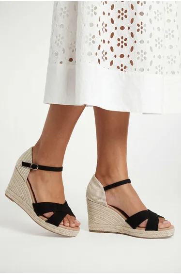 Wide Fit Sian Cross Strap High Espadrille Wedge Sandals