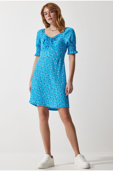 Women's Light Blue Gathered V-Neck Patterned Knitted Dress