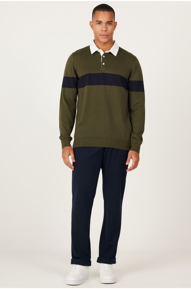 Khaki-navy blue standard fit regular cut polo collar 100% cotton patterned knitwear sweater