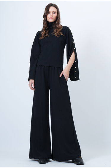 Women's Black Slit Sleeve Button Detailed Blouse and Pants Set