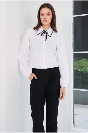 Women's White Collar Embroidered and Ribbon Detailed Woven Shirt