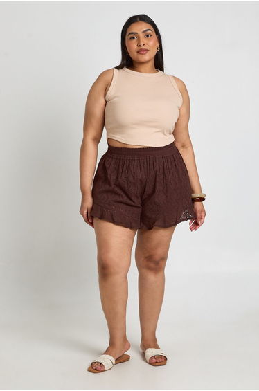 Plus Broiderie Elasticated Waist Flippy Short - chocolate