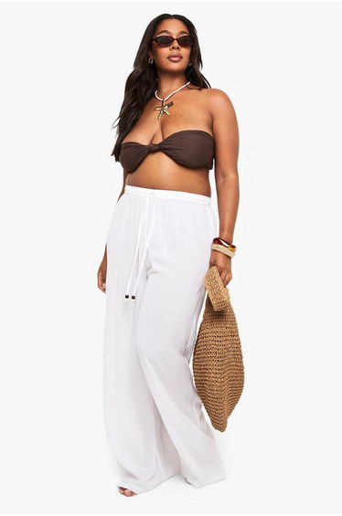 Plus Crinkle Beaded Wide Leg Beach Trousers