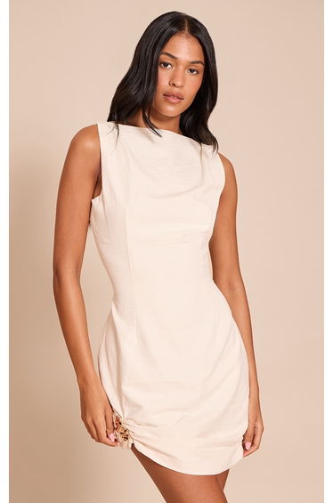 Tall Cream Textured High Neck Trim Detail Bodycon Dress
