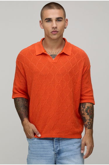 Oversized Boxy Diamond Stitch Knitted Polo - orange