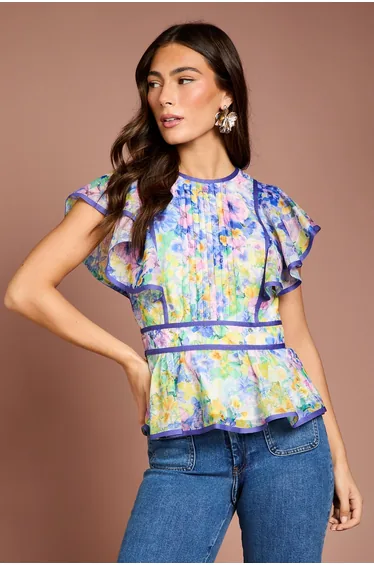 Printed Frill Sleeve Organza Blouse