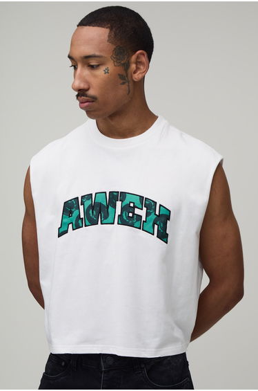 Oversized Cropped Slogan Applique Raw Edge Tank - white