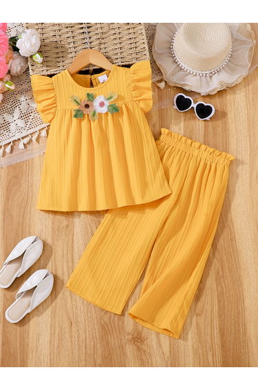 Girls Floral Embroidered Frill Sleeve Top and Pants Set