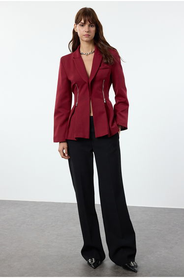 Burgundy Zipper Detailed Woven Blazer Jacket