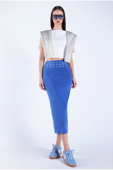 Indigo Blue Belted Pencil Skirt with Metal Stud Detail