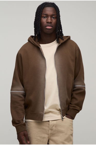 Boxy Spray Wash Zip Through Hoodie - brown