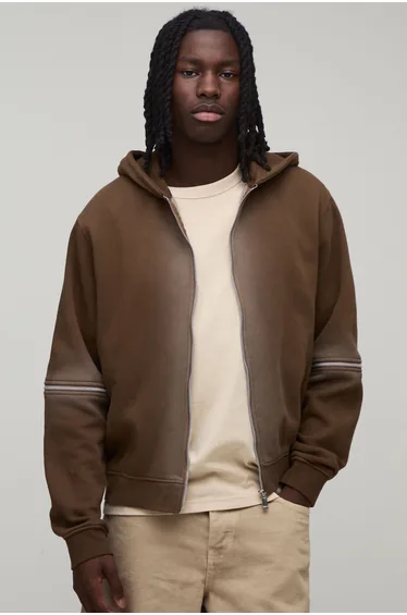 Boxy Spray Wash Zip Through Hoodie - brown