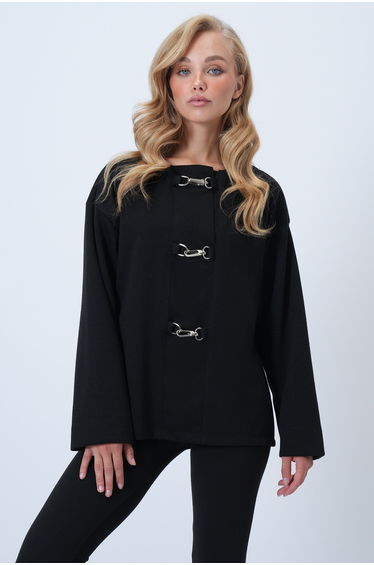 Women's black crew neck low sleeve buckle detailed wide cut