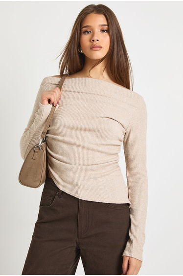 Chunky Rib Asym Hem Drape Top - stone