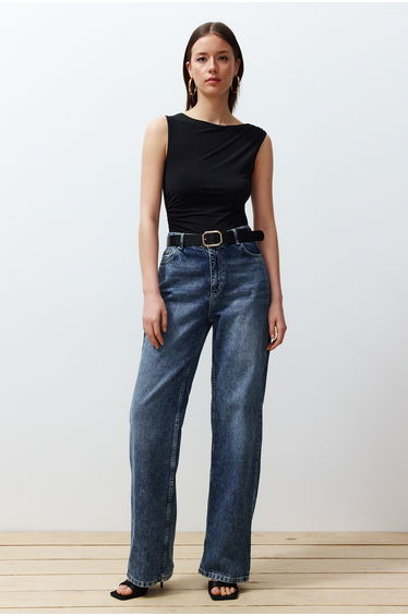 Black Gathered Detailed Boat Neck Flexible Snaps Knitted Bodysuit