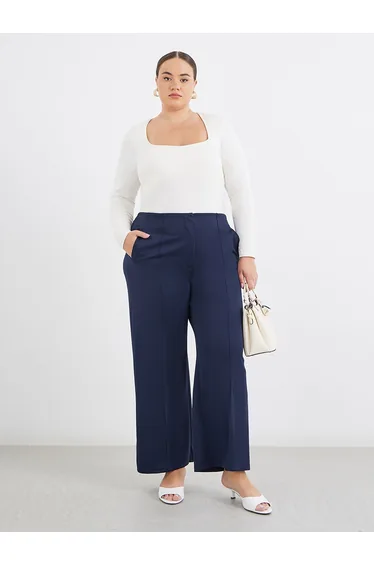 Plus Navy Blue Wide Leg Pants with Pintuck Detail