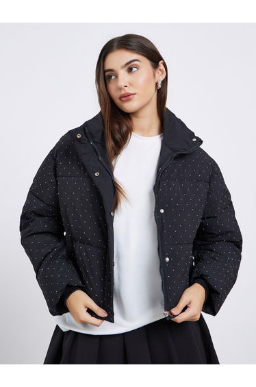Women Black Embellished Regular Fit Regular Length Padded Jacket