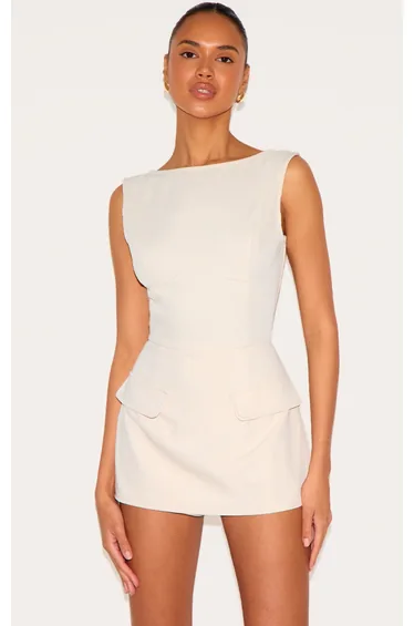 Almond Woven Pocket Detail Sleeveless Skort Playsuit