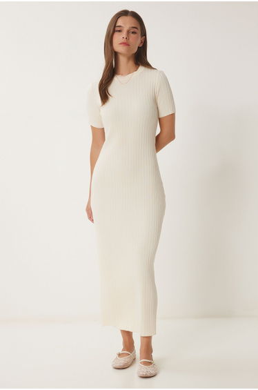 Women's Cream Belted Ribbed Summer Knitwear Dress