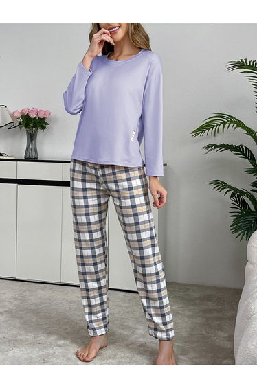Purple Solid T-Shirt and Checked Pyjama Set