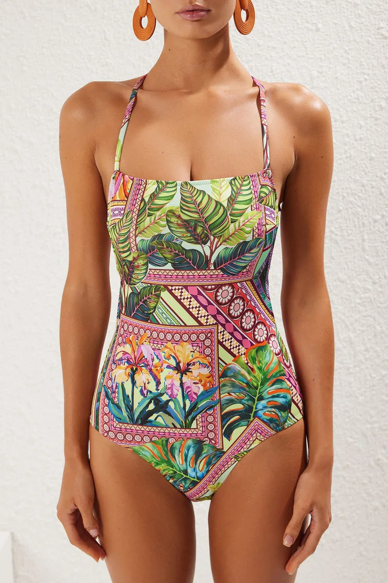 بدلة سباحة بياقة مربعة بظهر مكشوف بطبعة إستوائية - 2