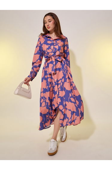 Floral Print Long Sleeves Shirt Midi Dress with Tie Detail