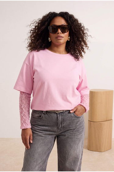 Light Pink Lace Sleeve Detail Large Size T-Shirt