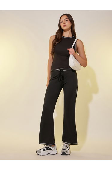 Contrast Stitch Detail Drawstring Waist Wide Leg Pants