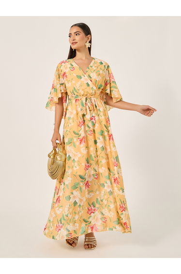 Floral Print Angel Sleeves Wrap Maxi Dress