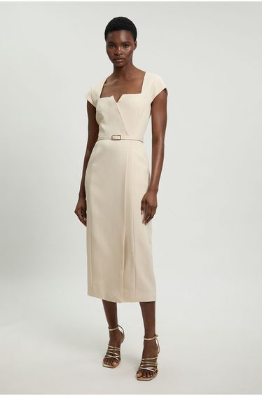 Viscose Blend Belted Square Neck Tailored Pencil Dress