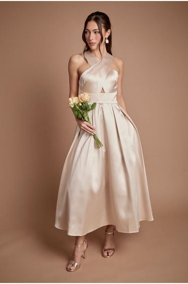 Cross Neck Twill Bridesmaid Dress